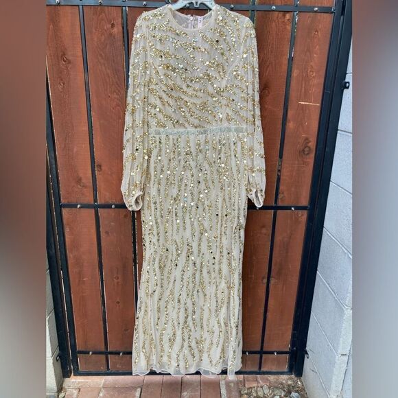 Mac Duggal Bishop sleeve embellished dress 93789 Nude Gold Size 16 NWT - Picture 2 of 8
